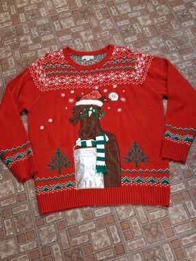 Women's Red Crewneck Holiday Horse Graphic Sweater Size Xlarge
